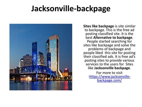 Jacksonville fl back pages - How to Use Locanto Jacksonville Free Classifieds. Posting an ad on Locanto Classifieds Jacksonville is free and easy - it only takes a few simple steps! Just select the right category and publish your classifieds ad for free. Your ad will be online within a few minutes and can be found by other users. Or are you looking for something specific ...